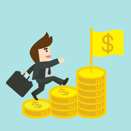 Businessman is walking up the stair of money towards a successful. Business concept cartoon illustrationのイラスト素材