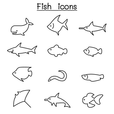 Fish icon set in thin line styleのイラスト素材