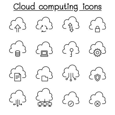 Cloud computing icon set in thin line styleのイラスト素材