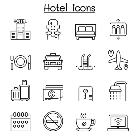 Hotel icon set in thin line styleのイラスト素材