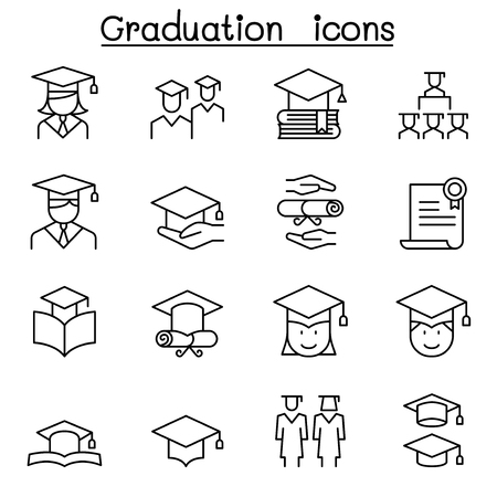 Graduation and commencement icon set in thin line styleのイラスト素材