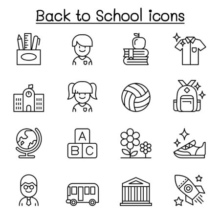 Back to school, education, kindergarten, learning icon set in thin line styleのイラスト素材