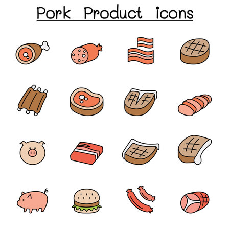 Pig and Pork Product color line icon setのイラスト素材