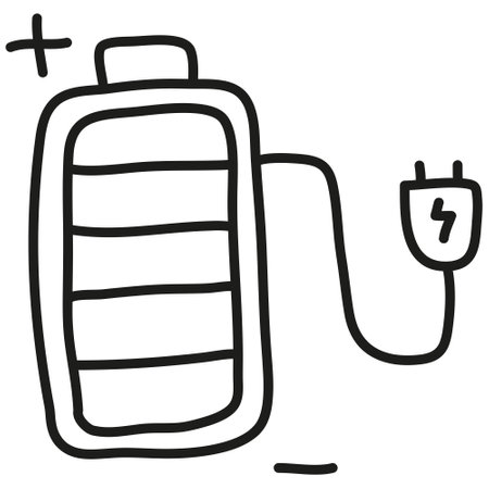 nature conservation concept. Battery illustration with a charging plug connected. .hand drawn doodle line styleのイラスト素材
