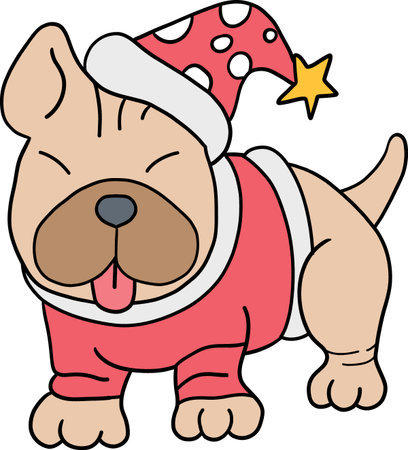 christmas Cute bulldog in holiday outfit with a festive hat and cheerful expressionのイラスト素材