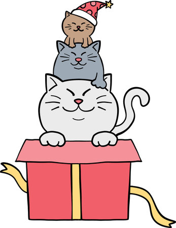 christmas Three cute cats stacked on a gift box with a ribbon.のイラスト素材