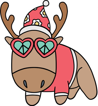 christmas Cute reindeer with glasses and a festive hat, embodying holiday spirit.のイラスト素材