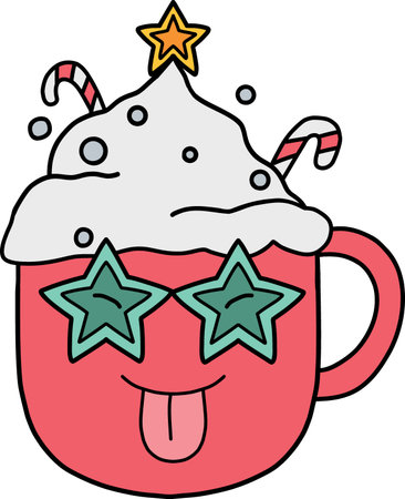 christmas Cute cartoon mug with whipped cream and candy canes, wearing star glasses.のイラスト素材