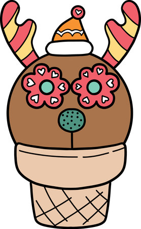 Christmas Cute reindeer ice cream cone with flowers and festive elements.のイラスト素材
