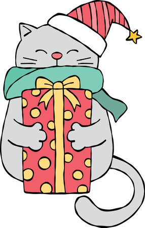 christmas Cute cat wearing a hat, holding a festive gift box.のイラスト素材