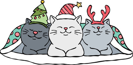 christmas Three cute cats in festive hats snuggled under a blanket.のイラスト素材