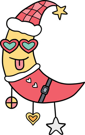 christmas Cheerful cartoon moon wearing glasses and a Santa hat.のイラスト素材