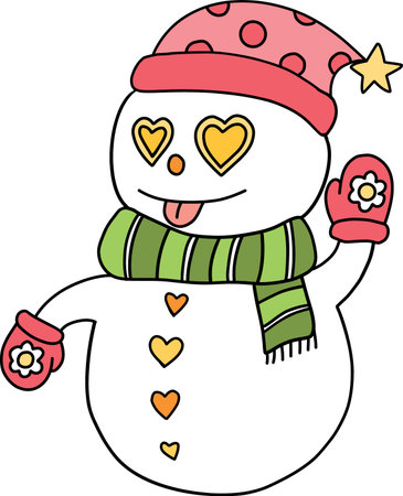 christmas Cute snowman with heart-shaped eyes and colorful accessories.のイラスト素材