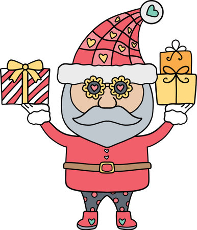 christmas Cheerful Santa holding festive gifts in a playful cartoon styleのイラスト素材