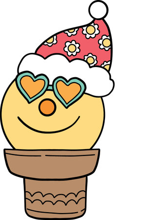 groovy christmas Smiling ice cream cone character in a pot wearing a festive hat and heart-shaped glassesのイラスト素材