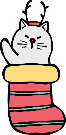 christmas Cute cat in a Christmas stocking with antlers and festive colors.のイラスト素材