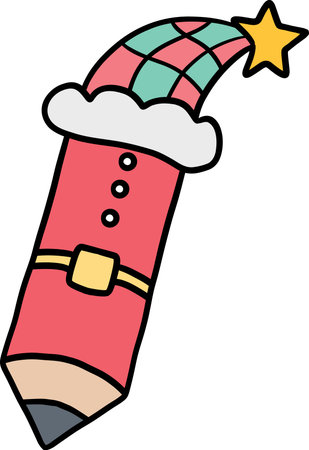 christmas Colorful pencil with Santa hat and star, festive design.のイラスト素材