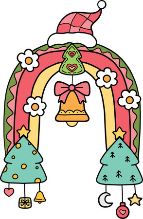 groovy christmas Festive rainbow illustration with Christmas elements and decorationsのイラスト素材