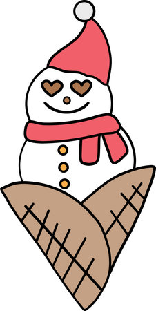christmas Snowman with ice cream cones, wearing a festive hat and scarf.のイラスト素材