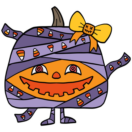 halloween Colorful pumpkin character with a playful design. in doodle color line styleのイラスト素材