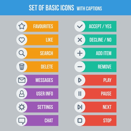 Flat UI design elements - set of basic web icons with captions on colorful background  Vector illustration のイラスト素材