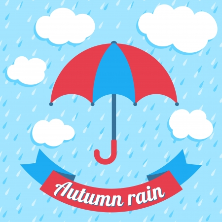 Autumn vector illustration with umbrella, clouds, rain and ribbon bannerのイラスト素材