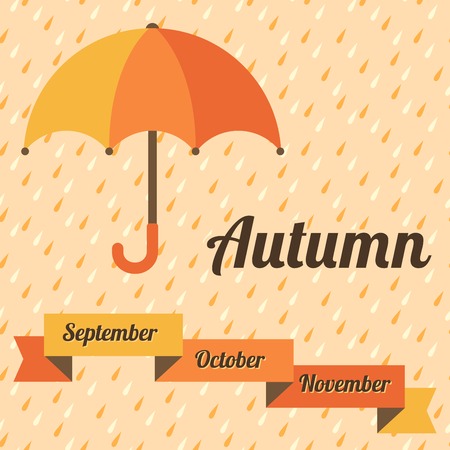 Autumn vector illustration with umbrella,  rain and ribbon banner  Yellow and orange colors のイラスト素材
