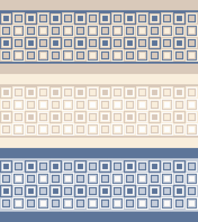 Three borders with fashion abstract geometrical pattern with  squares. Seamless vector background. Set of 3 color variation.のイラスト素材