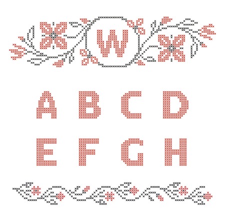 Design elements for cross-stitch embroidery  Red and black, vector illustration  Floral frame for one letter and letters A-H のイラスト素材