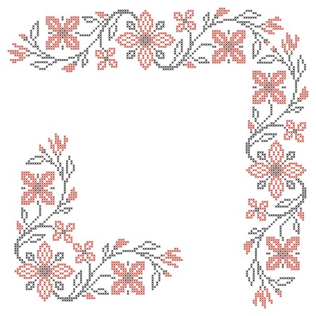 Design elements for cross-stitch embroidery in Ukrainian traditional ethnic style  Red and black, vector illustration のイラスト素材