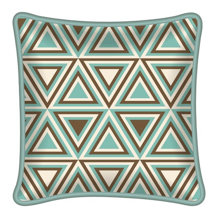 Interior design element  Decorative pillow with patterned pillowcase  abstract geometric pattern in mint and brown colors   Isolated on white  Vector illustration のイラスト素材
