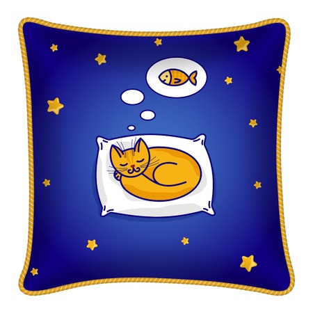 Interior design element: Decorative pillow, patterned pillowcase (sleeping cat, stars, fish). Isolated on white. Vector illustration.のイラスト素材