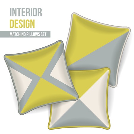 Set of 3 matching decorative pillows for interior design  mustard and grey geometric pattern   Vector illustration のイラスト素材