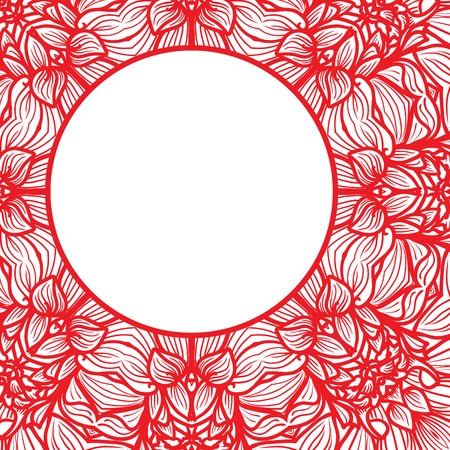 Round floral frame for greeting card with hand-drawn flowers of dahlia. Vector illustration.のイラスト素材