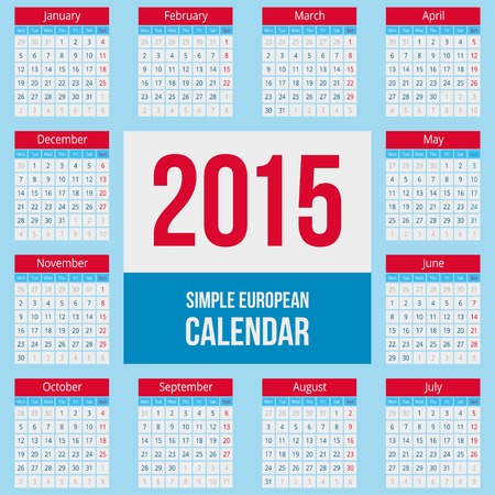 Simple european calendar grid for 2015 year. Clean and neat. Only plain colors - easy to recolor.のイラスト素材