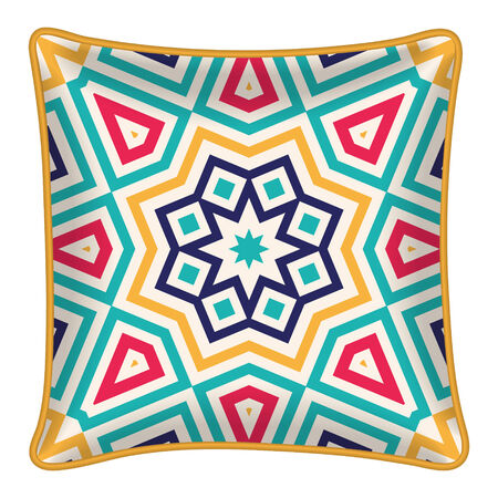 Interior design element - Decorative throw pillow with patterned pillowcase - abstract geometric pattern. Isolated on white. Vector illustration.のイラスト素材