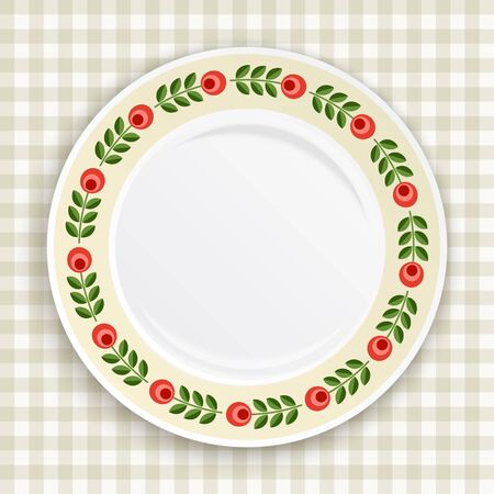 Decorative plate with patterned floral border, on gingham tablecloth. Blank plate, top view. Vector illustration.のイラスト素材