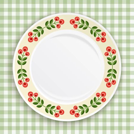 Decorative plate with patterned floral border, on gingham tablecloth. Blank plate, top view. Vector illustration.のイラスト素材