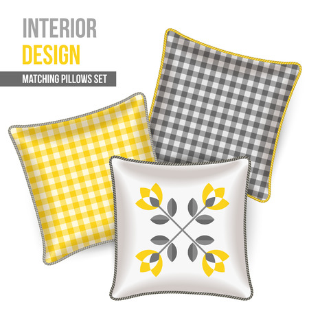 Set of three matching decorative pillows for interior design. Gray and yellow patterned throw pillows. Vector illustration.のイラスト素材