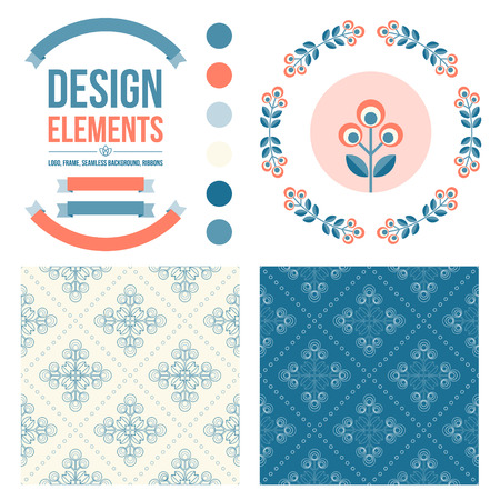 Set of design elements - round floral frame, seamless  patterns, ribbons, flower icon. Scandinavian minimal style. Perfect for invitation, greeting card, save the date, wedding. Vector illustration.のイラスト素材