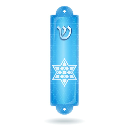 Blue Mezuzah case with hebrew letter Shin and six-rays star of David, white background. Jewish traditional religion item. Vector illustration.のイラスト素材