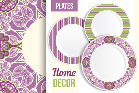 Pattern and Set of 3 matching decorative plates with this pattern applied. Top view of three empty plates. Vector illustration.のイラスト素材