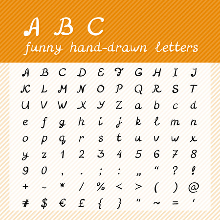 Hand drawn ABC - full alphabet - English alphabet in uppercase and lowercase. Numbers and special symbols are included. Vector illustration.のイラスト素材