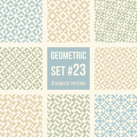 Set of eight geometric patterns. Collection of different abstract patterns, number 21. Simple retro colors  colors - easy to recolor. Seamless vector background.のイラスト素材