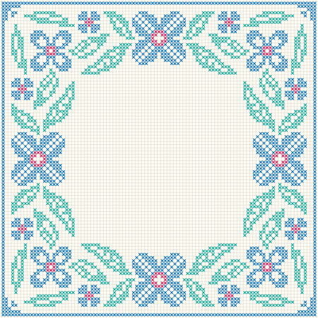 Cross stitch flower pattern. Floral frame for cross-stitch embroidery in Ukrainian traditional ethnic style. Blue and green, illustration.のイラスト素材