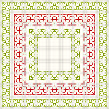 Set of cross stitch pattern for thin borders. Geometric frames for cross-stitch embroidery in classic style. Red and green, illustration.のイラスト素材