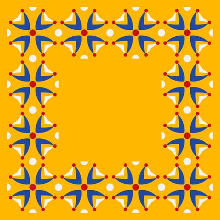 Floral frame on yellow background. Abstract flowers in red, blue, yellow and white colors.のイラスト素材