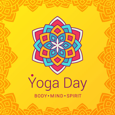Bright card with Lotus flower. Sample text - Yoga day, body and mind and spirit. Vector illustration for yoga event, school, club, invitation, spa. Patterned background.のイラスト素材