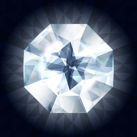 Realistic diamond in top view on shiny dark background. Vector illustration. Blue gem stone.のイラスト素材