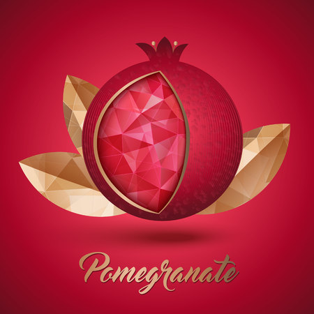 Ripe red pomegranate fruit with three golden leaves, vector illustration. Seeds inside like polygons crystal.のイラスト素材